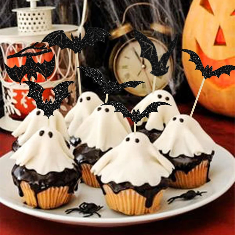 12/24 Stück Halloween Fledermaus Cupcake Topper Schwarz Glitzer Fledermaus Cupcake Picks für Kinder Halloween Geburtstag Party Kuchen Dekoration Lieferungen – Detail 2