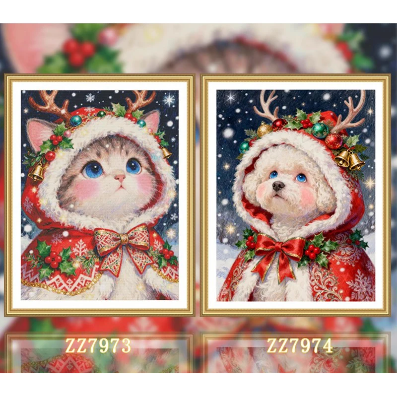 

ZZ7973 ZZ7974- Christmas Cat Puppy 14CT 16CT 18CT Printed On Canvas Cross Stitch DIY Set Needlework Embroidery