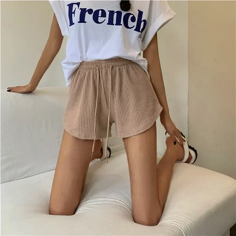 Women Shorts Summer High Elastic Lace Up Drawstring Wide Leg Sweat Fitness Running Shorts Loose Casual Large Sports Pants