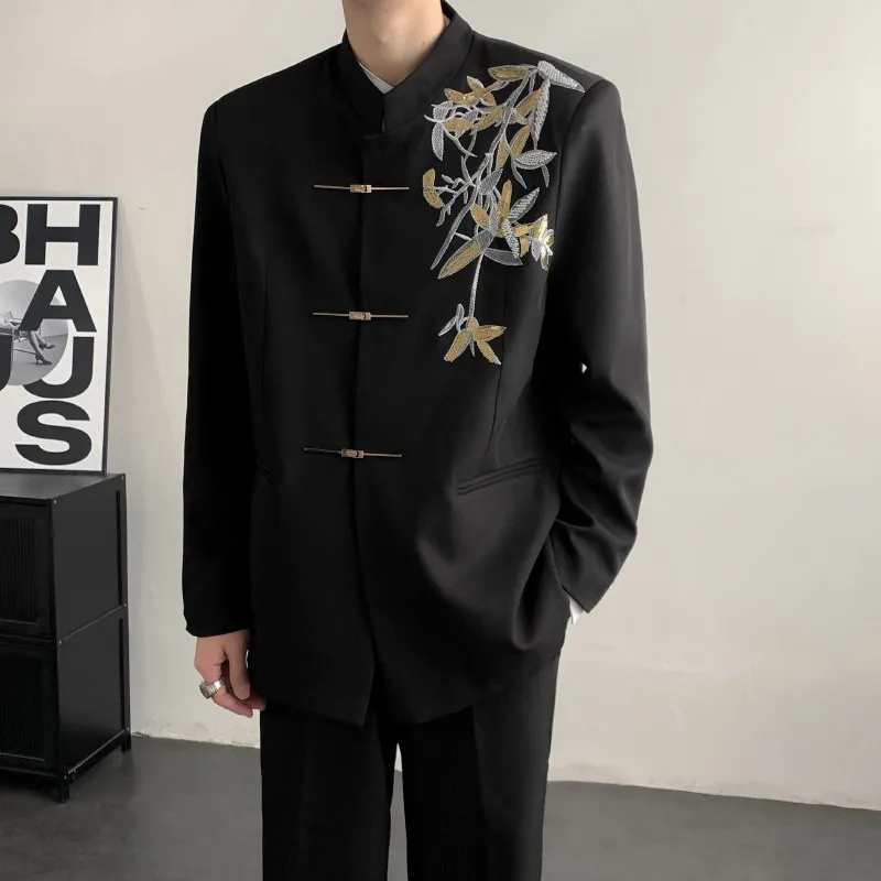 

Новый китайский мужской костюм Сюхэ с тяжелой вышивкой, пальто Чжунган, свадебный костюм, полиэстер, приталенный крой, на все сезоны