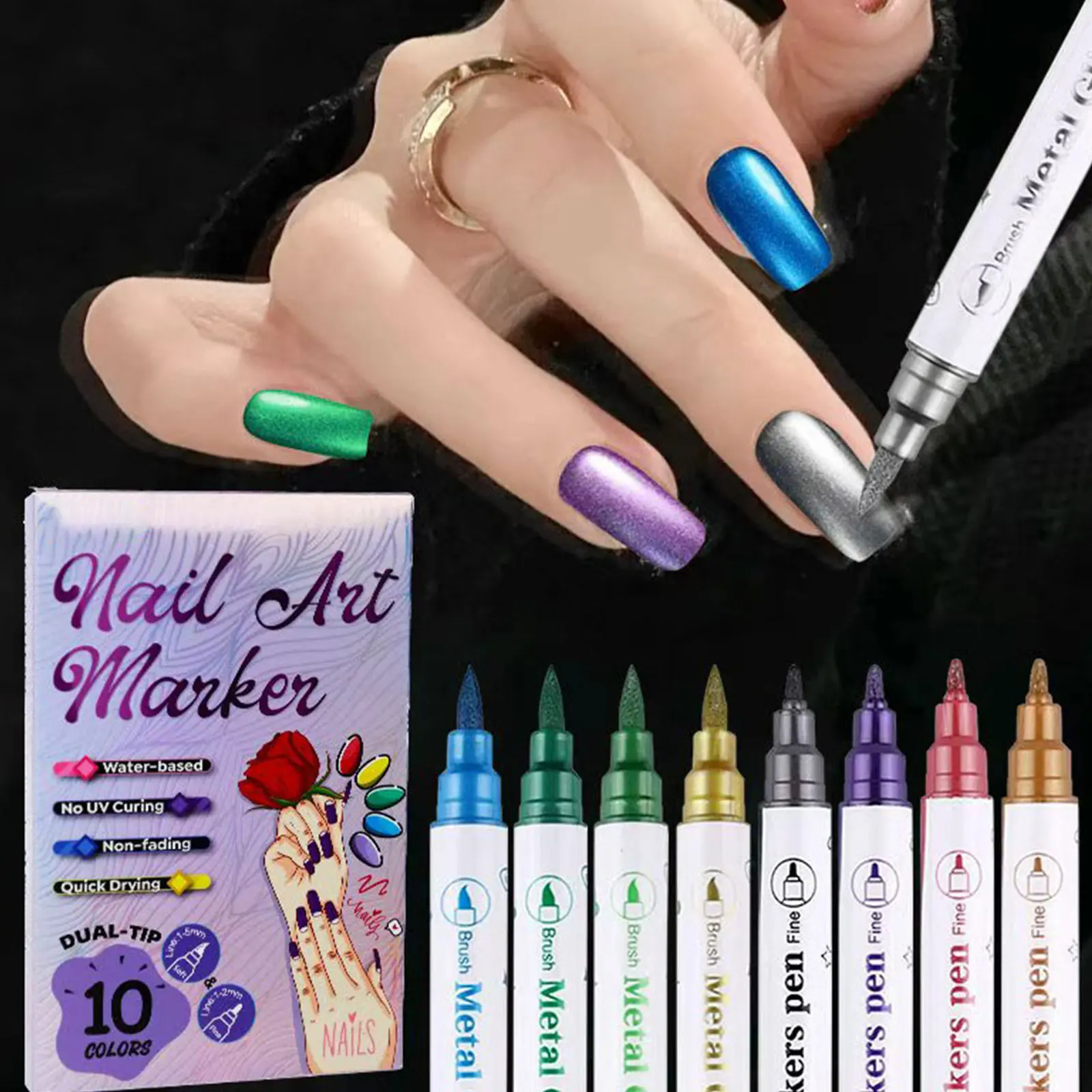 

Маркер для дизайна ногтей с двумя наконечниками, 10 цветов, на водной основе, без УФ-излучения, не выцветает, быстросохнущий, для маникюра, для салона и дома, 2026