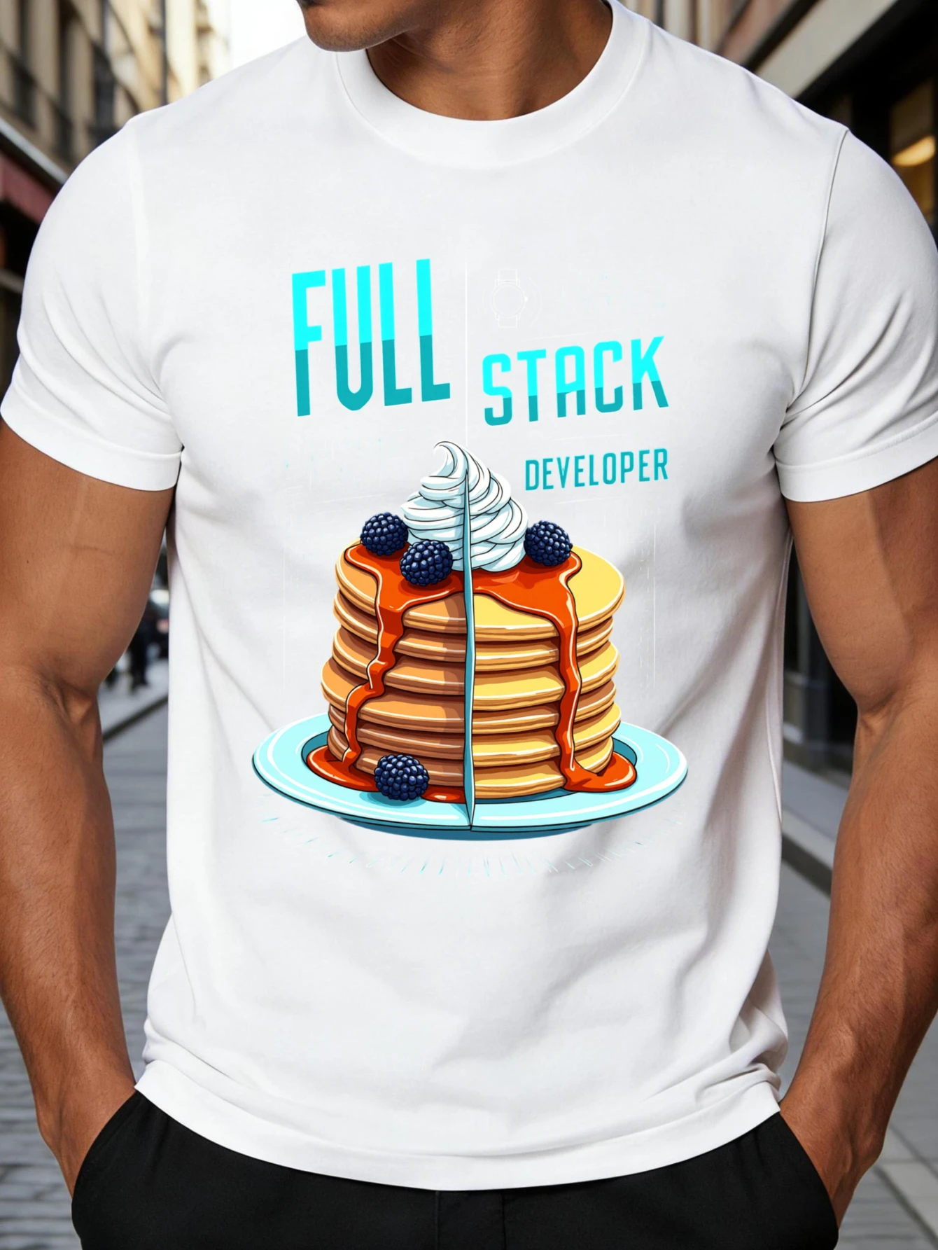 Casual Graphic Men's T-Shirt with Full-Stack Developer Pancake Design, Tech Humor Gift, Suitable for Programmers and Coders, for Spring and Summer Wear