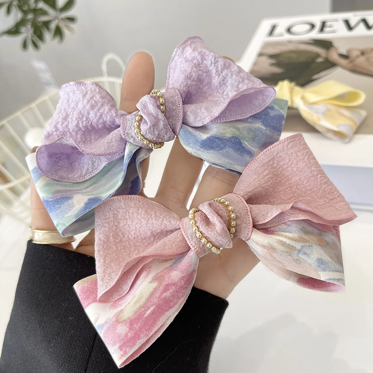 Candy Color Seersucker Bow Pearl Hair Clip Top Clip Women Girls Fabric Hair Ties Duckbill Clip Headwear Hair Accessories