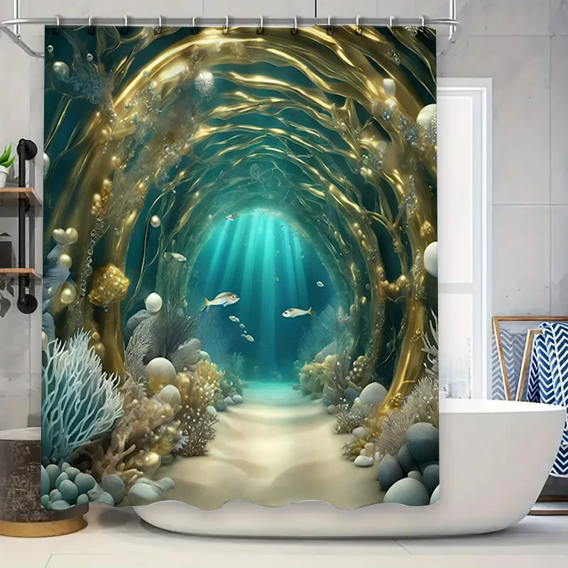 Luxurious Sea Life Shower Curtain 3D Printed Bath Decor for Bathroom Blue Gold Aqua Fish Coral Design Easy Installation Rod Incl