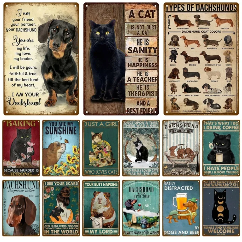 Retro Schwarze Katze Metall Vintage Poster Lustiger Hund Wandkunst Haustier Schild Café Wandbild Plakette Metallschild Blechschild Platte Badezimmer Heim Deko
