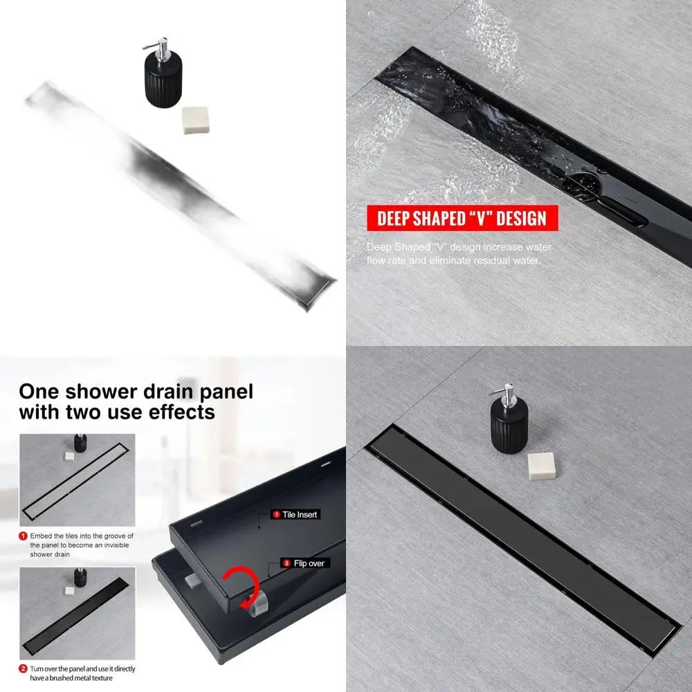 

32 Black AISI 304 Stainless Steel Linear Shower Drain with Flat/Tile Insert and Hair Strainer