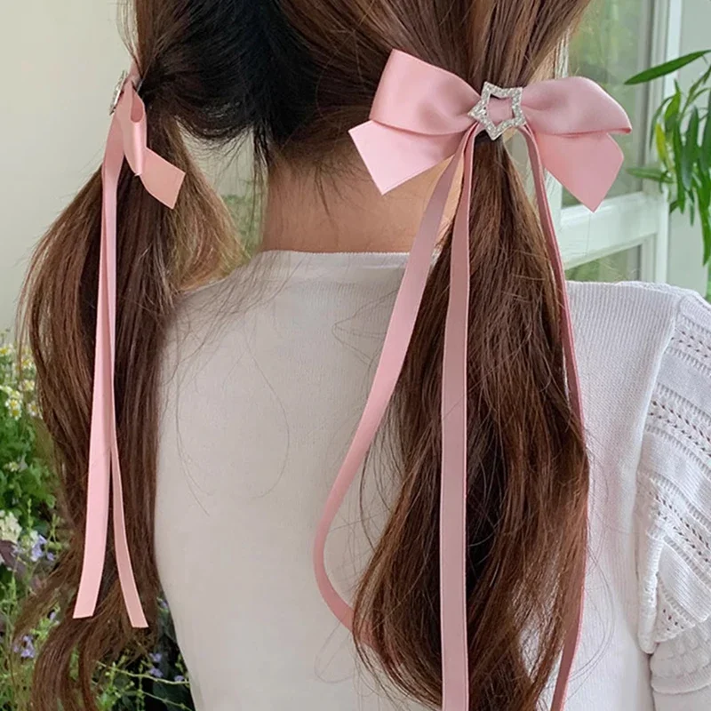 Vintage Velvet Pink Crystal Bow Hair Clip Long Ribbon Hairpin Barrettes Headband For Women Girl Hair Accessories Wedding Jewelry