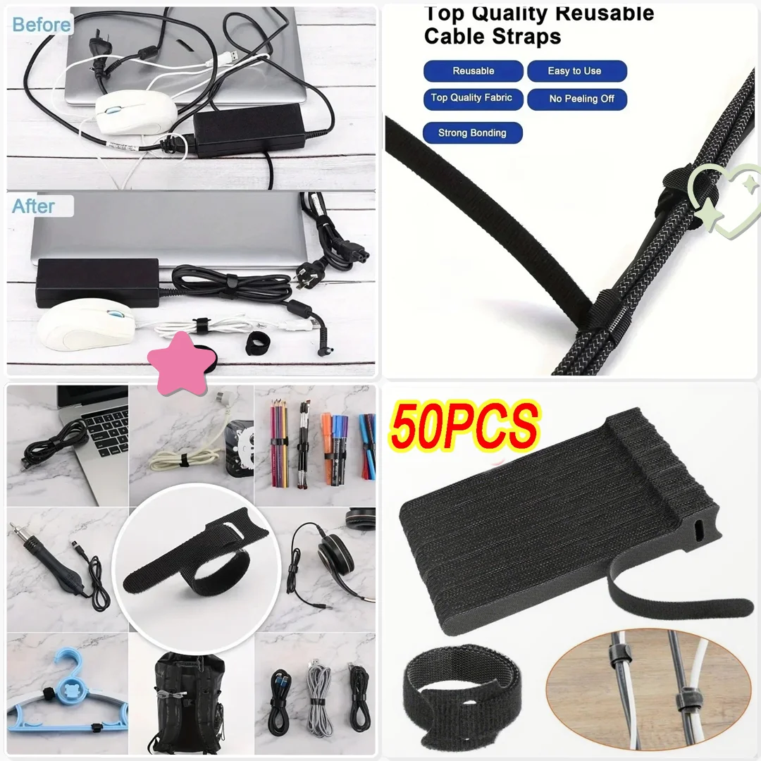 50PCS Cable Organizer Winder Tape Wire Ties DIY Cord Management Nightstand Drawer Neat Cable Hold