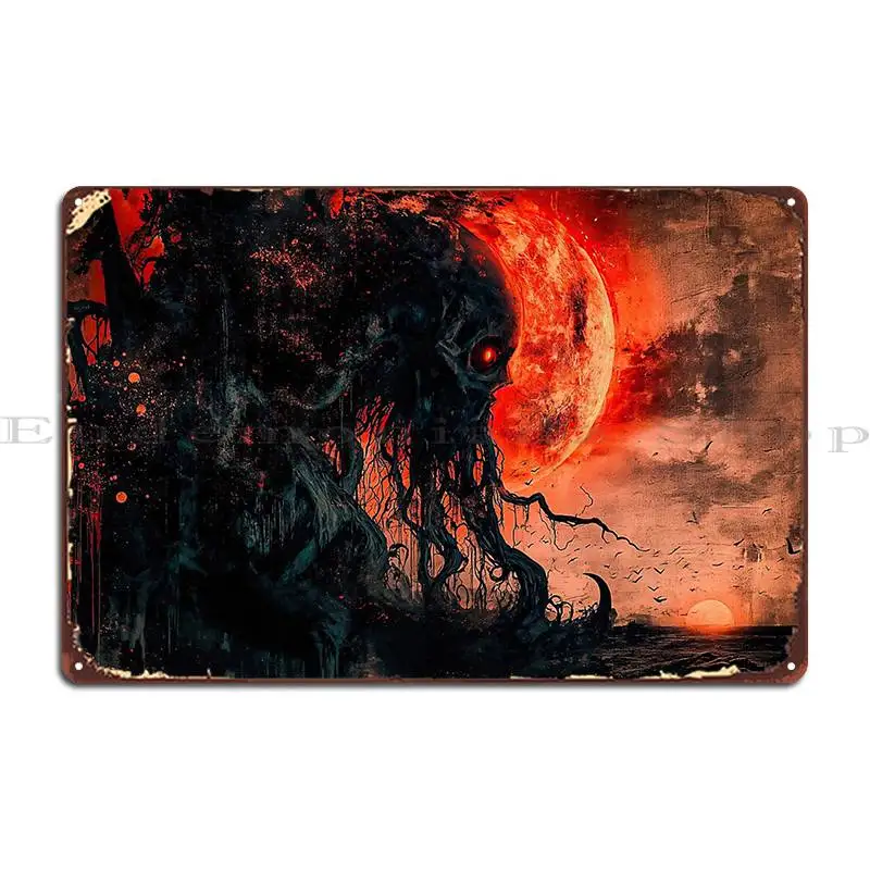 Cthulhu At Sunset With Blood Moon Space Metal Sign Funny Wall Cave Living Room Garage Character Tin Sign Poster