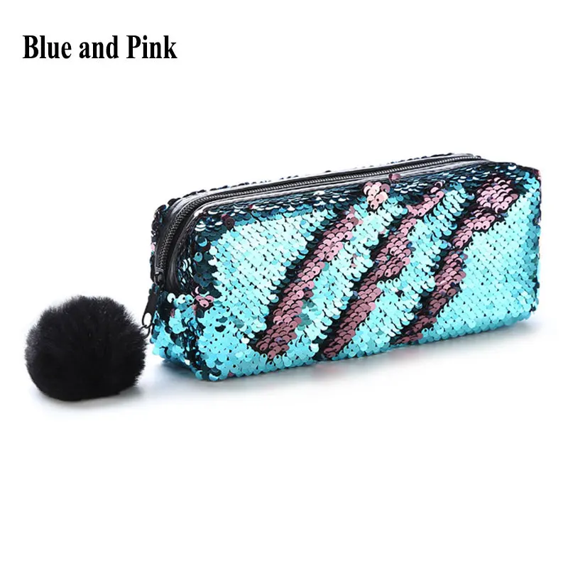 Estuche de lápices de lentejuelas brillantes Reversible con cremallera, caja de lápices de papelería escolar con bolas de pelo, bolsa de
