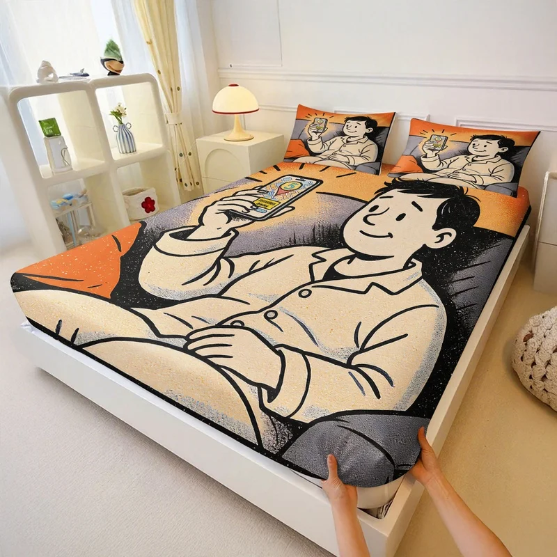 NowBoarding Cozy Fitted Sheet Set Casual Pajama People Sofa Print Bed Sheet Sets Cartoon Elastic Deep Pocket Bed Home Decor Gift