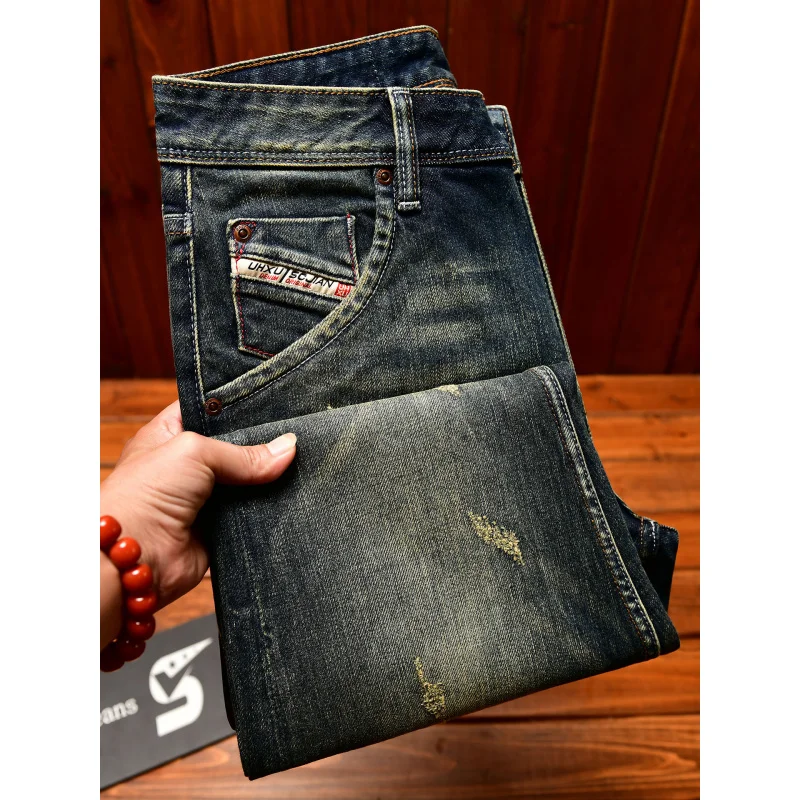 

Ретро винтажные мужские джинсы 2025 уличные ностальгические джинсовые облегающие маленькие ноги корейская версия модные джинсовые брюки