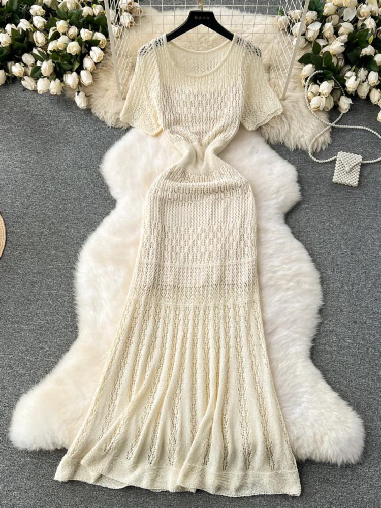 Korean Retro Crochet Hollow Knitted Dress Women Short Sleeve Slim Fishtail Long Dresses Ladies Summer Elegant Midi Robe Vestidos