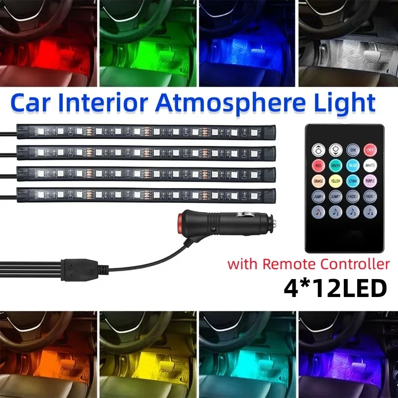 

12 LED Car Atmosphere Lights Decorative Neon RGB Light Strips 8 Colors Remote Control Car Interior Floor Decorative Light