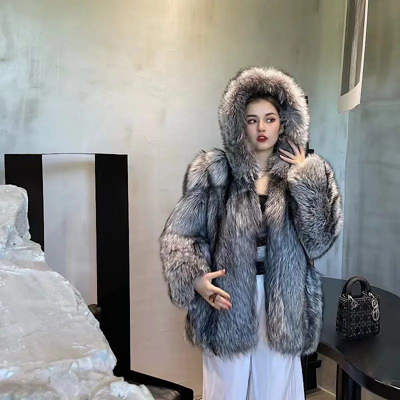 2021 New Real Fur Whole Leather Real Red Fox Fur Whole Skin Fox Design Women's Medium and long  Coat Simple Street Warm