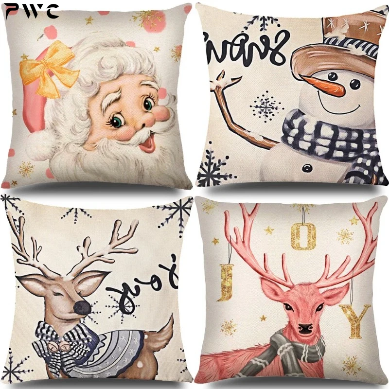 

Christmas Santa Claus Snowman Reindeer Throw Pillow Covers Linen Pillowcase Cushion Case Decoration for Sofa Couch