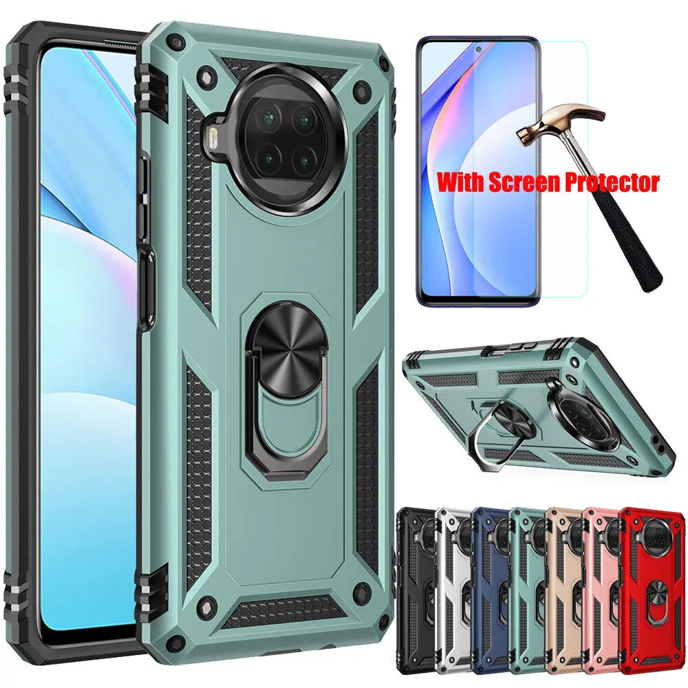 

Shockproof Armor Ring Stand Cover Hard Case For Xiaomi 10T 11 Lite Poco X3 NFC Magnetic Protection Cover+ Tempered Glass