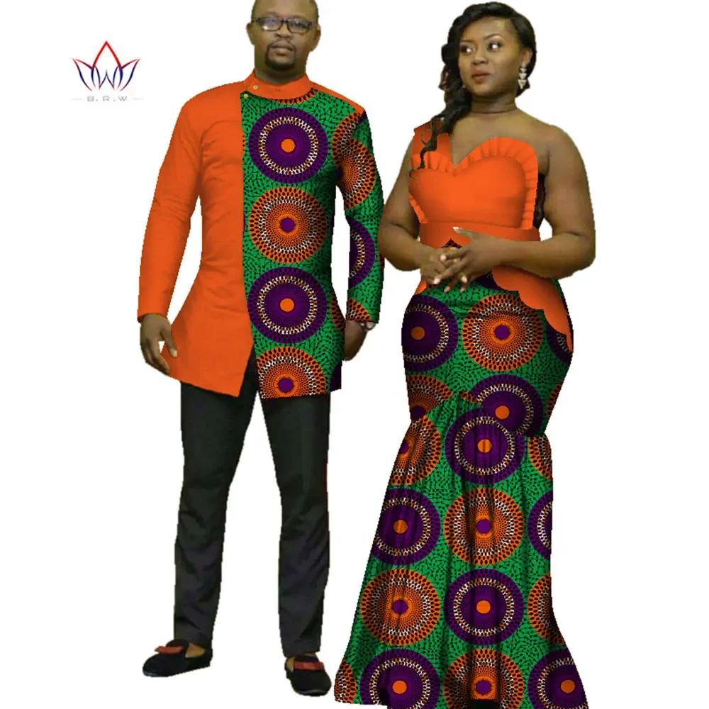 

African Print Clothes for Couple Dashiki Elegant Lady Party Dresses and Men Shirts Cotton African Clothing WYQ125