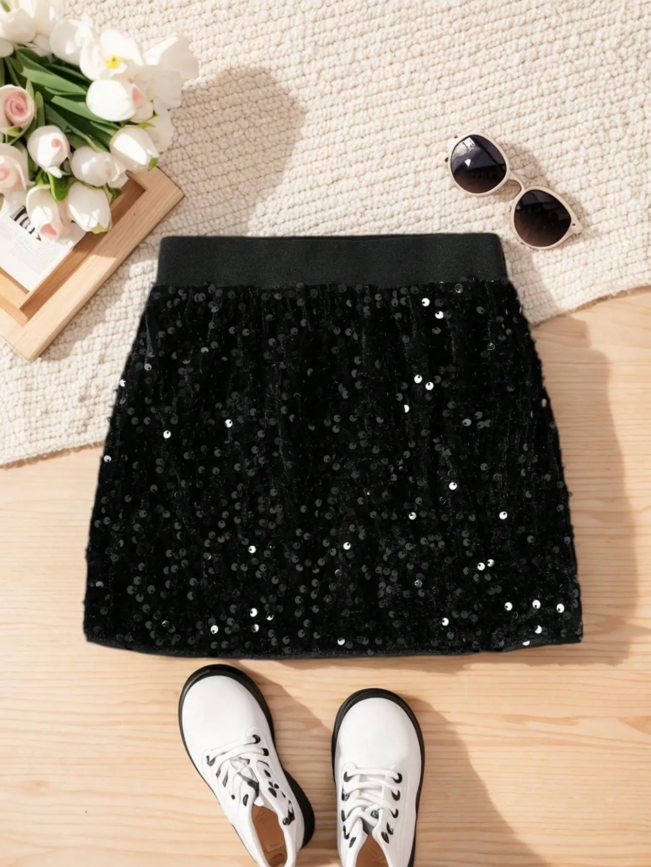 

Black Sequin Mini Skirt for Girls, Sparkly A-Line Skirt for Parties