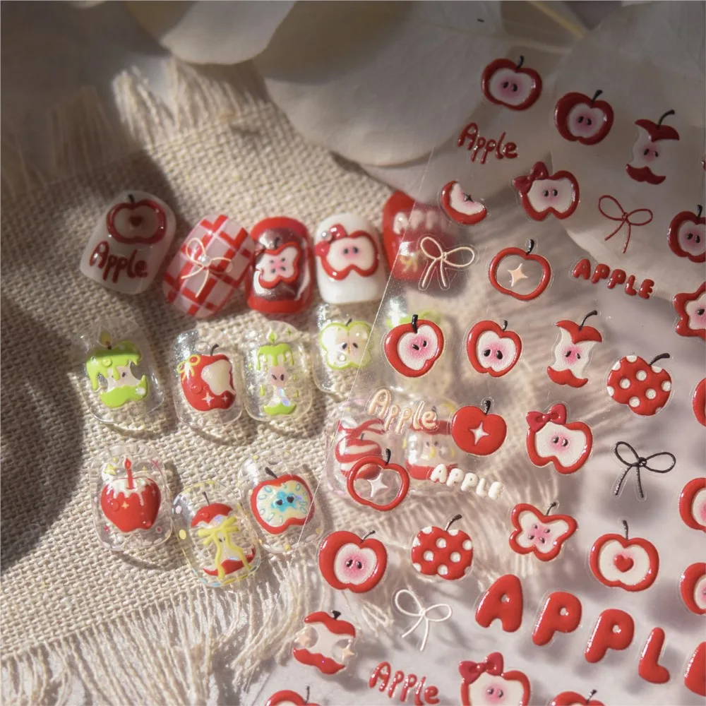 1pc mignon pomme Nail Art autocollants décalcomanies 5D en relief pomme curseur décalcomanies auto-adhésif fruits pomme ongles autocollants cadeaux de noël