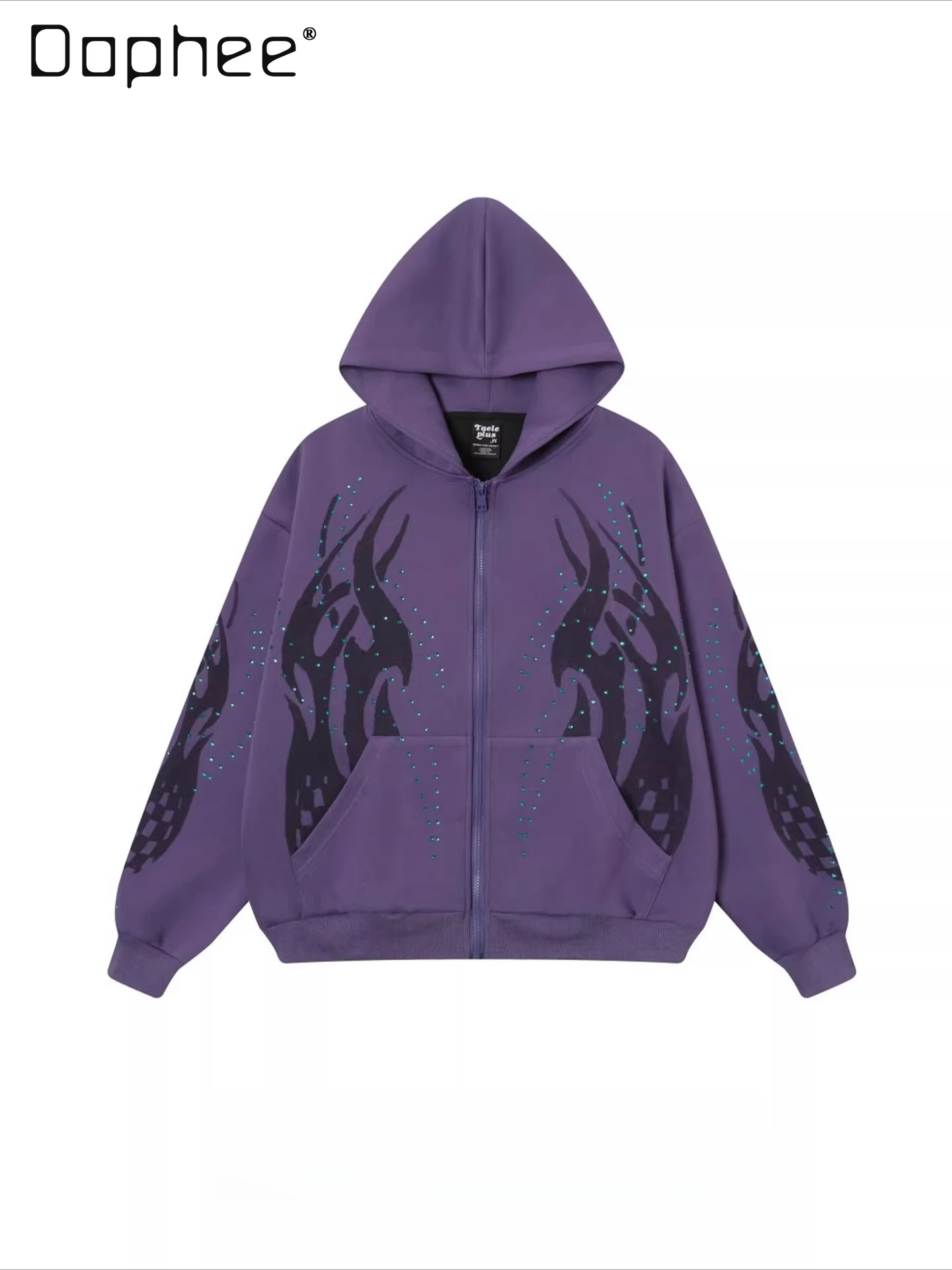 

New Spring and Autumn American High Street Style Flame Print Rhinestone Purple Dark Gray Loose Casual Men's Hooded Sweatshirt