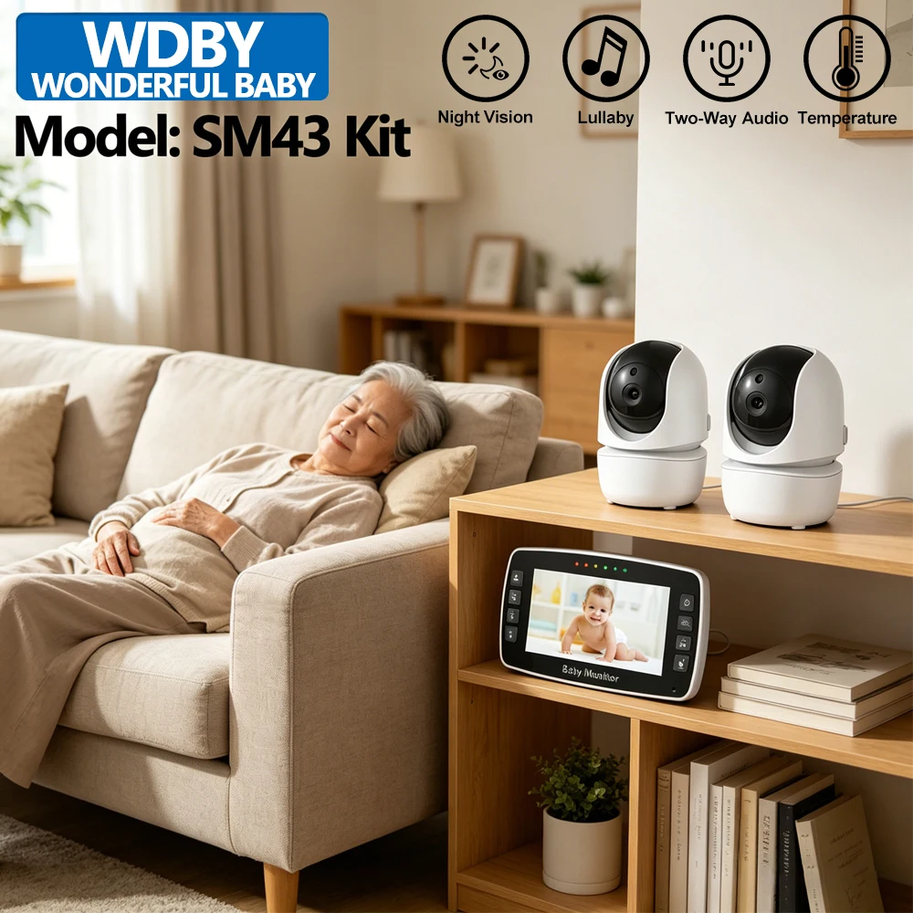 4.3 Inch Wireless Video Baby Monitor with 2 Cameras 4X Digital Zoom Night Vision 2-Way Audio Lullabies Baby Camera for Parents