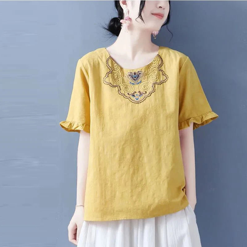 Women's Clothing 2023 Summer Vintage Ethnic Style Embroidery Cotton Linen T-shirts Y2K Trendy Round Neck Short Sleeve Loose Tops