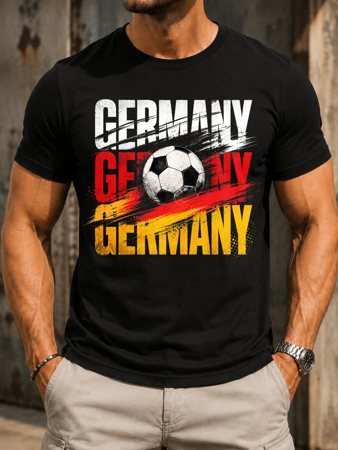 Germany repeated stacked Germany text soccer ball center  red yellow grunge brush layers Unisex All  Unisex All T-Shirt