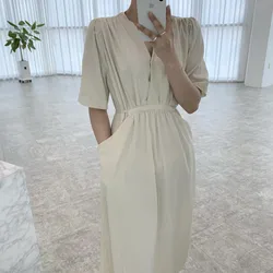 Summer Chic V Neck Long Dress Women 2022 Female Drawstring High Waist Short Sleeve Midi Sundress Solid Color