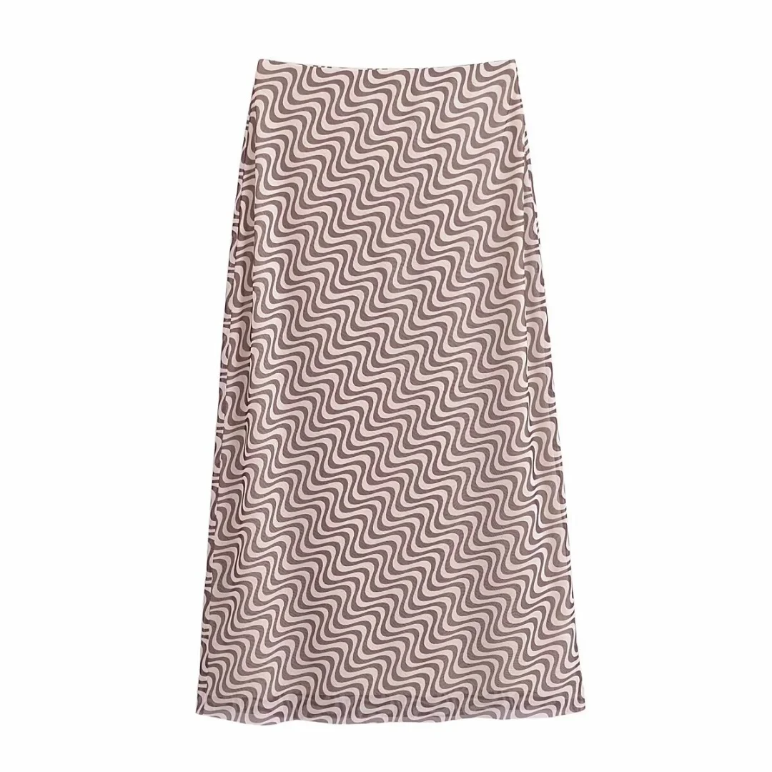 Women Fashion Striped Tulle Midi Skirt High Waist Straight Vintage Long Skirts for Party Daily Wear