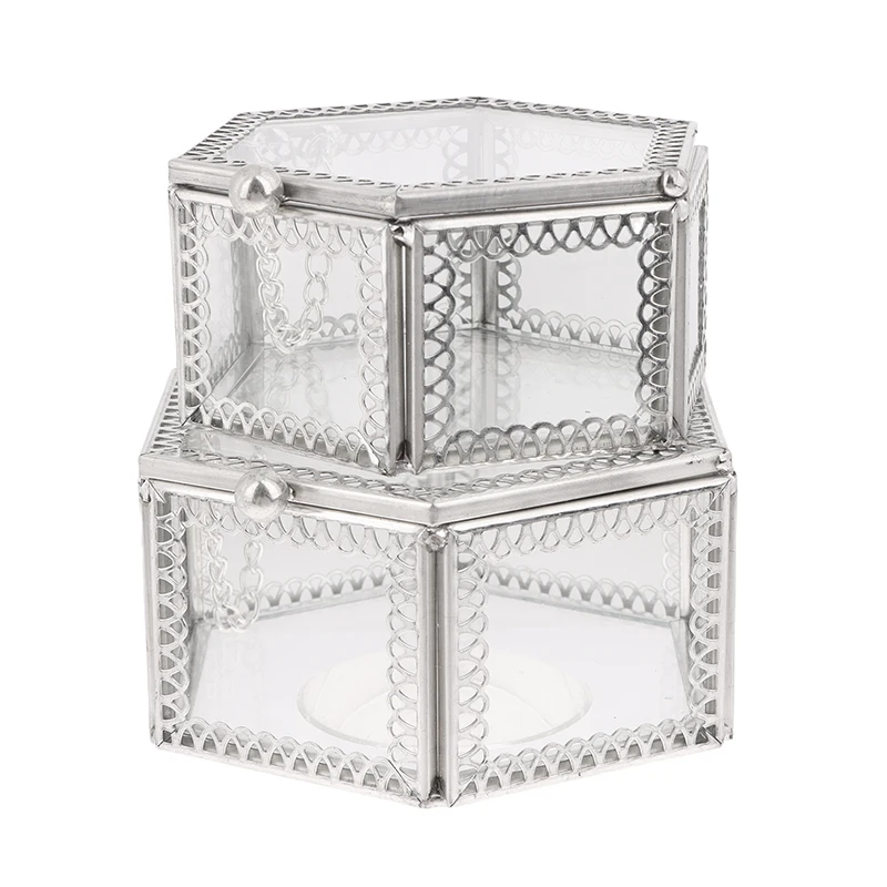 8/10CM Jewelry Box Sliver Hexagon Glass Storage Box Jewelry Ring Earring Beads Coins Display Case Keepsake Organizer Container