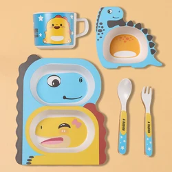 Cartoon Bamboo Fiber Baby Feeding Plate Children Tableware Tray Dish Bowl Fork Spoon Cup Food Training Dinnerware Set Kids Gift