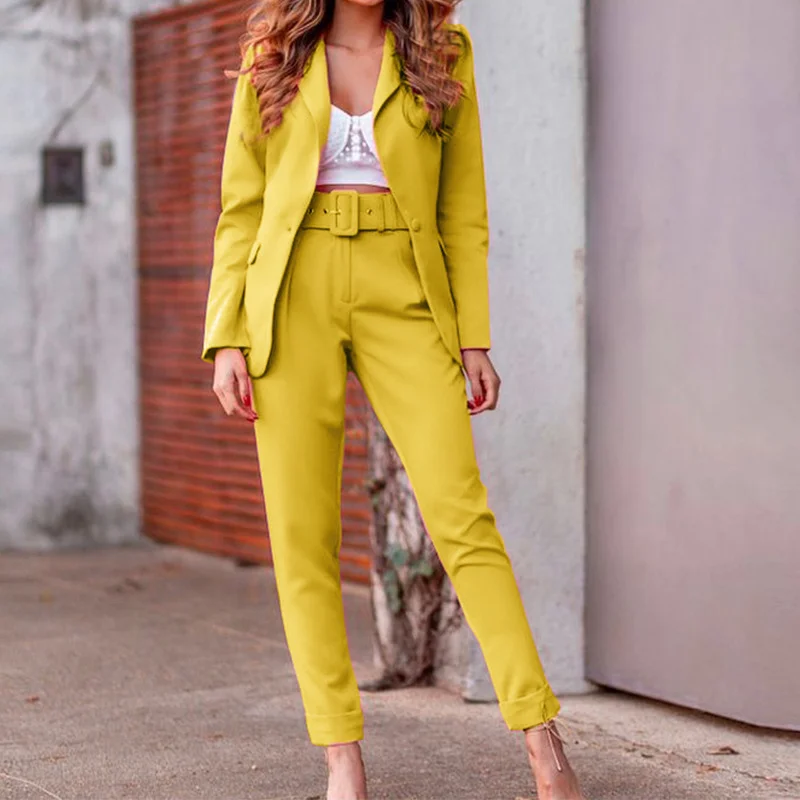 Blazer corto informal sin botones con cinturón gratis para mujer, pantalones de lápiz, trajes de colores sólidos con cuello en V, Blazer Delgado, nuevo conjunto de pantalones simples 2023