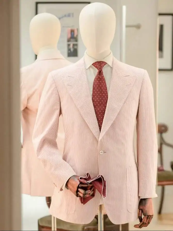 Men Pink White Striped Seersucker Blazer Wide Peak Lapel Single Lightweight Summer Suit Jacket For Beach Wedding Customized