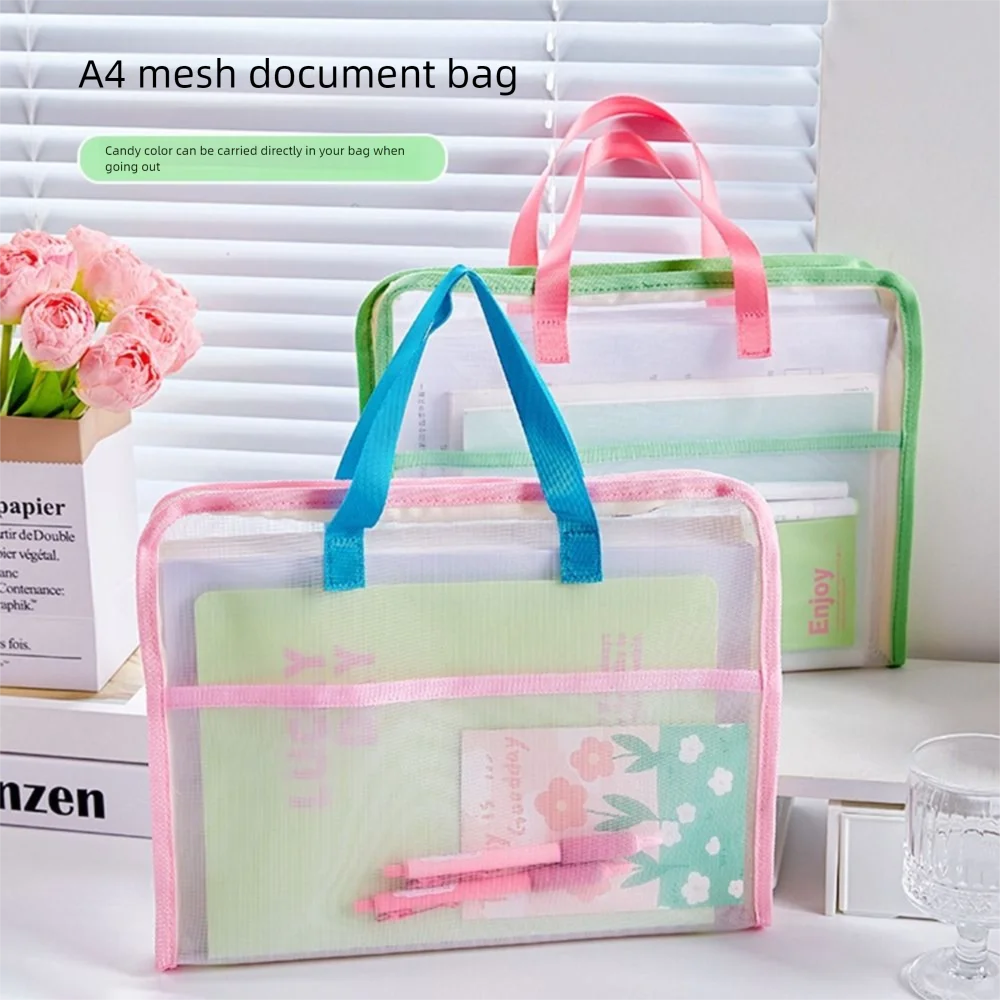 

Candy Color Test Paper Storage Bag Multifunctional Visible Zipper Mesh Bags 3 Compartments Waterproof Kids Document Bag