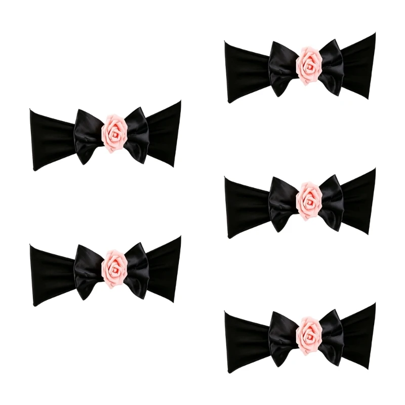 A2BB 5 Piece Stylish Wedding Chair Back Bowknot Tie Party Decoration Satins Fabric Chair Sash Band With Artificial Rose Flower