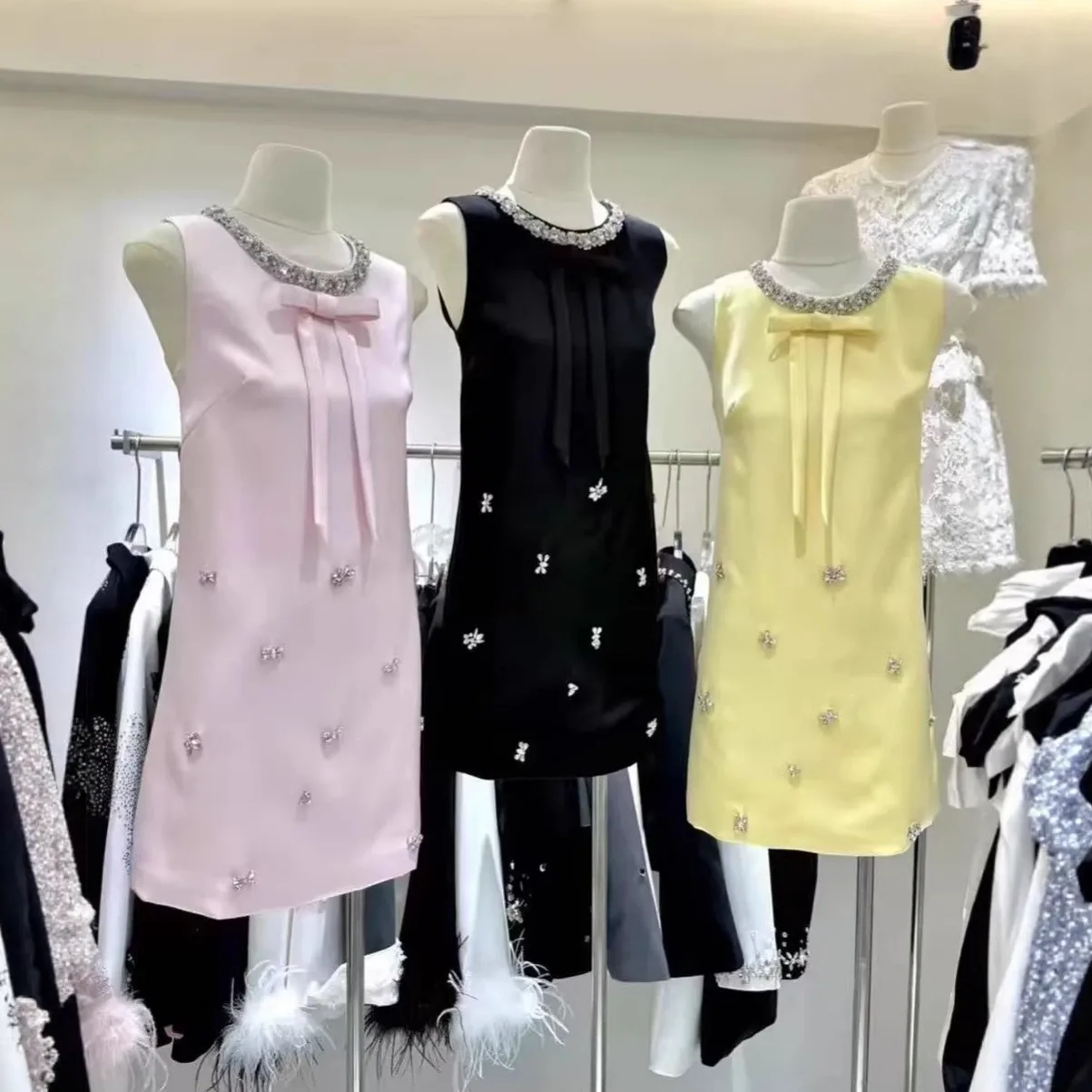 Bow Sleeveless Dress with Mid Waist Private Celebrity Style Sweet and Fresh Slim Fit Beaded a Line Dress Summer for Women