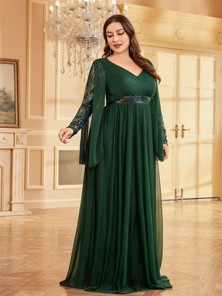 XUIBOL Plus Size Long Sleeve Sequin Green Evening Dress 2024 Floor Length Women Sparkle Bling Bling Family Party Cocktail Dress