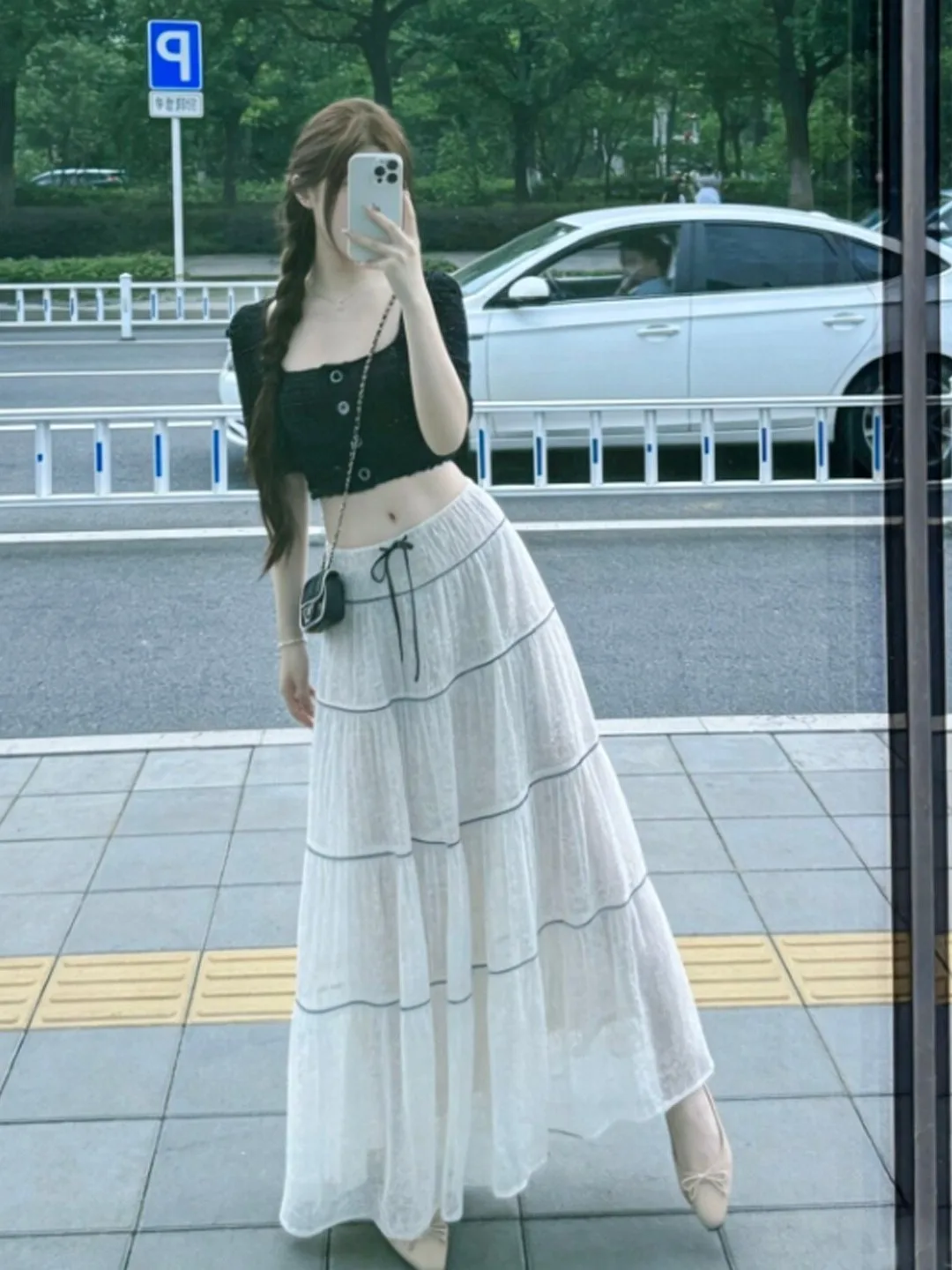 

Elegant Black Top Skirt Set Small Size Fashionable Summer Outfit Two Piece Ensemble Comfortable Cotton Material Button Closure