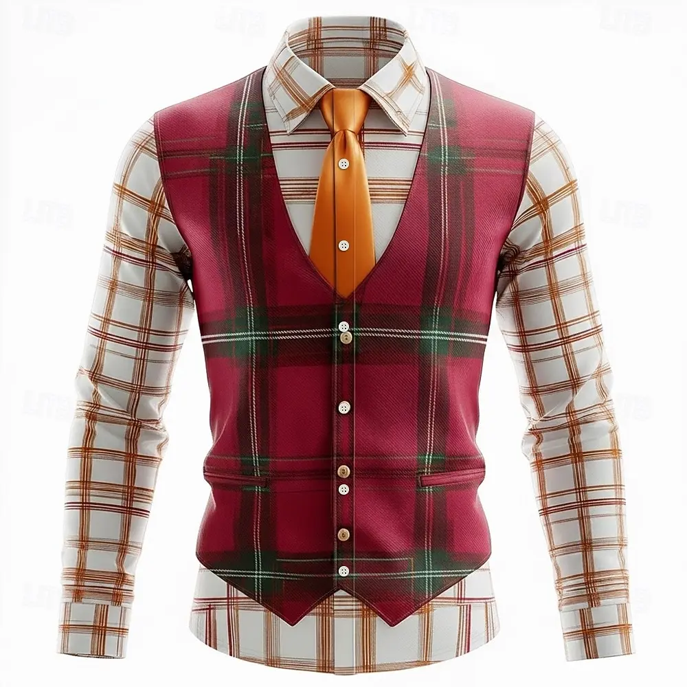 

Men's Costume Faux Collar and Suit Design Faux Tartan Printed Vest Shirt Button Up Shirt Long Sleeve Fashion Casual Shirts