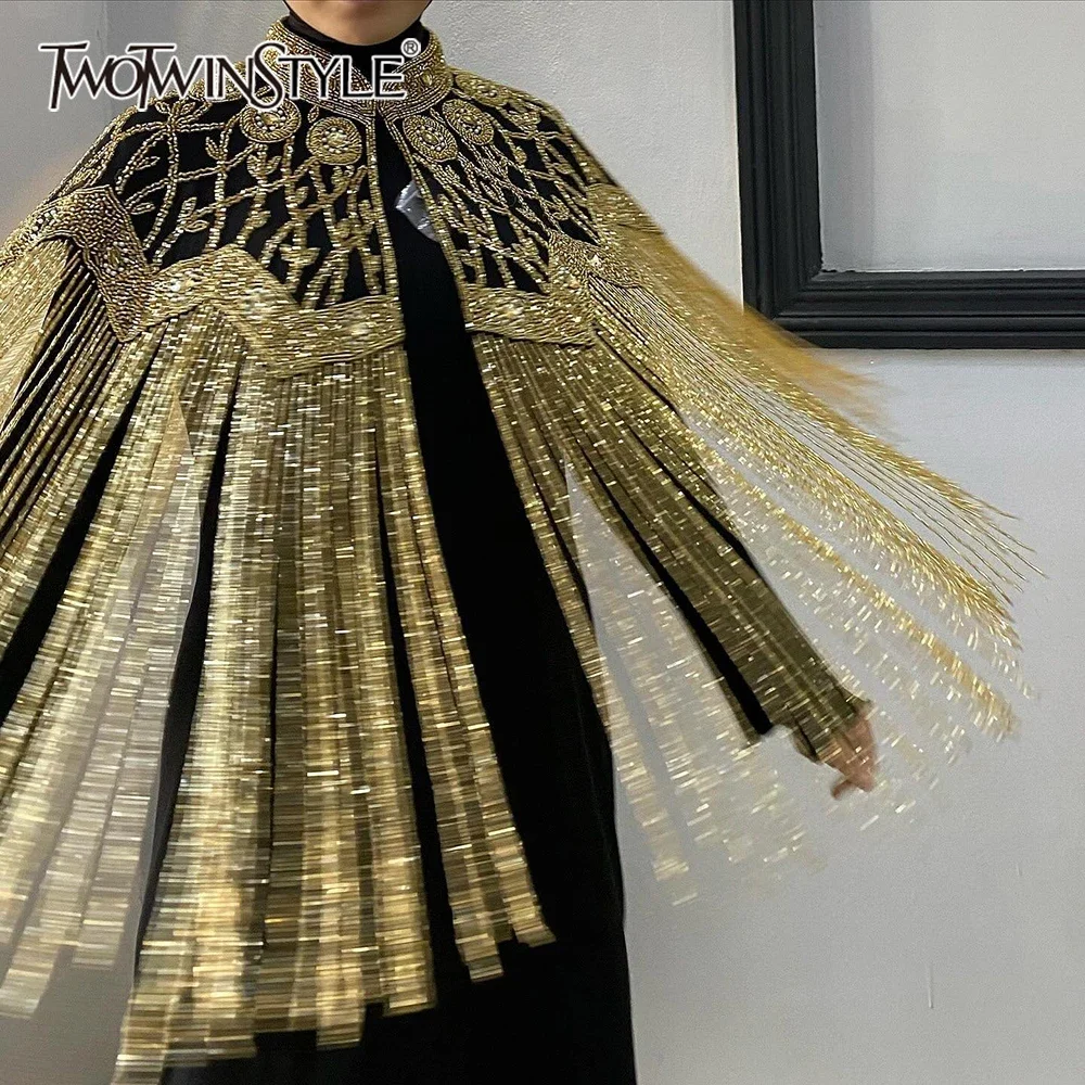 TWOTWINSTYLE Hit Color Spliced Tassel Fashion Cloak Coats for Women Stand Collar Patchwork Diamonds Jacket Female Fashion New