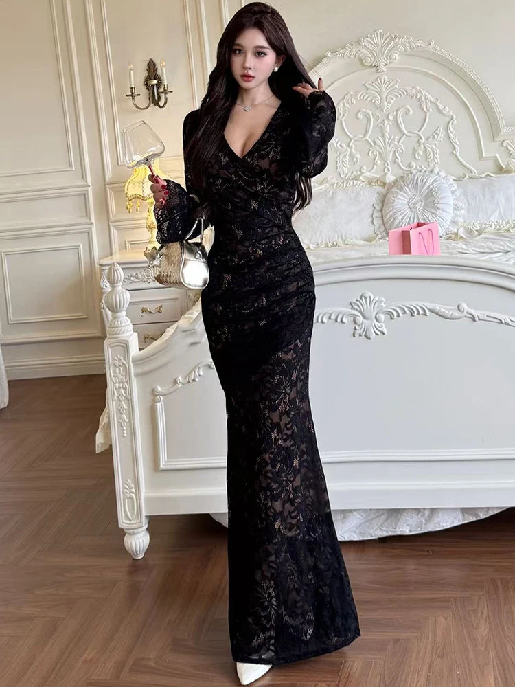 2025 Black Lace Jacquard Long Sleeve V-Neck Maxi Dress Women Vintage Hepburn Luxury Gown Autumn Winter Korean Bodycon Prom Dress