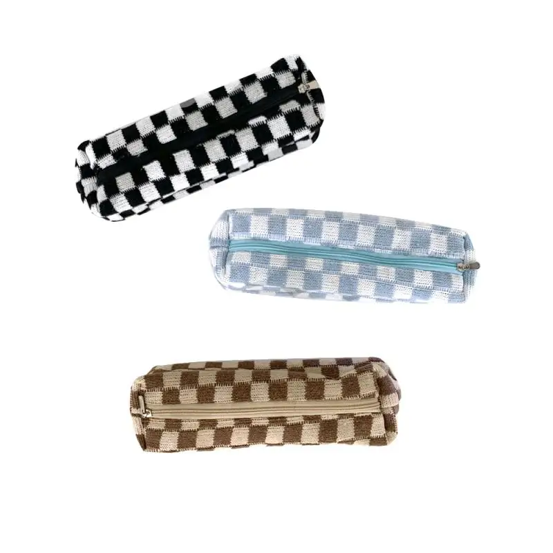 Pencil Case Multifunctional Checker High-capacity Knitted Mesh Bag Travel Cosmetic Bag Writing Case Pen Box