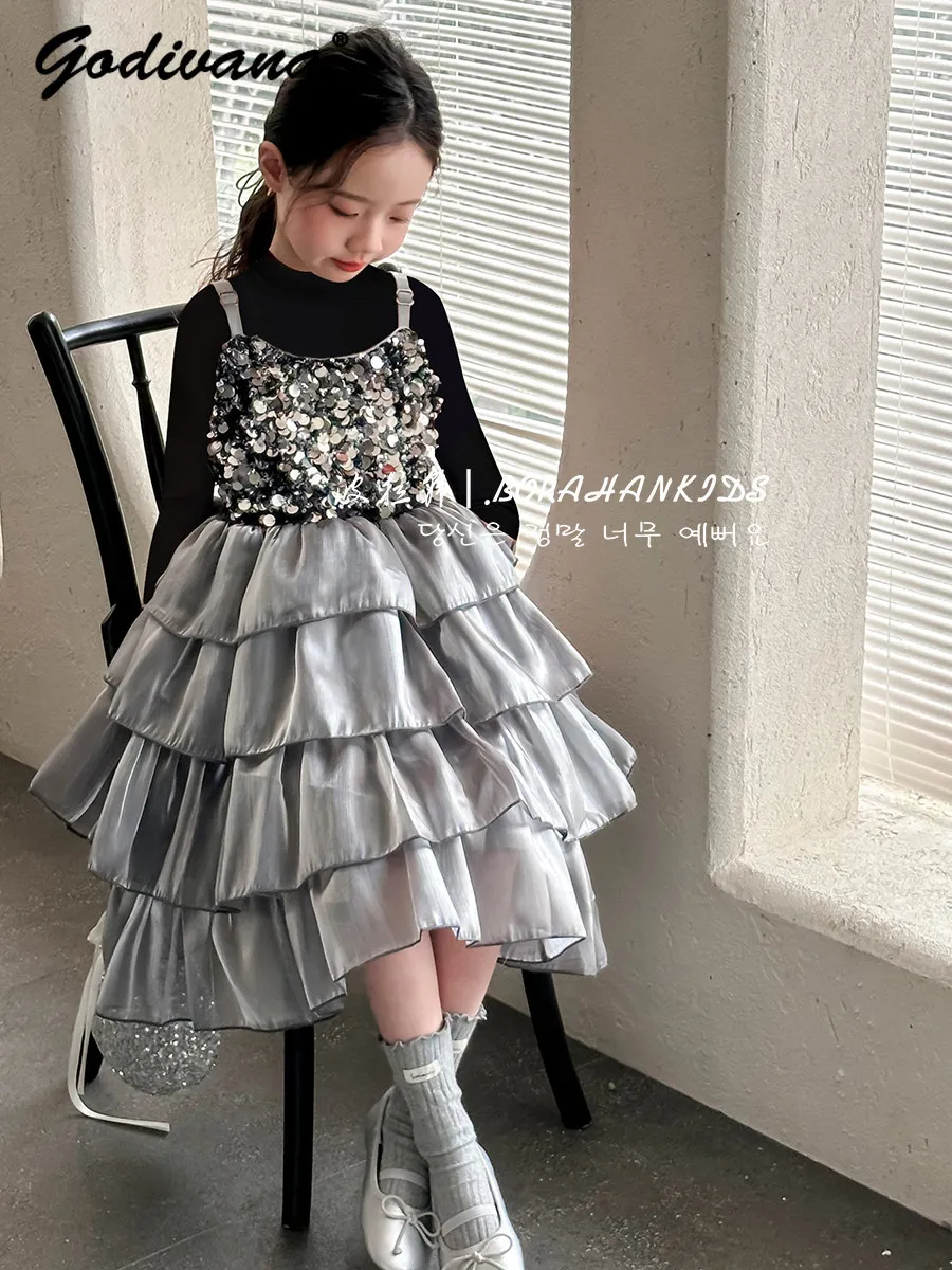 Sweet Girls 2026 Summer New Korean Sleeveless Suspender Princess Dress Kids Fashion Sequin High End Casual Tulle Cake Dresses