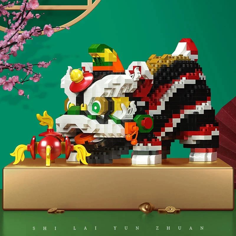 Chinese Lion Dance Building Blocks New Year Spring Festival Gift Creative Desktop Decoration Educational DIY Bricks Toys For Kid