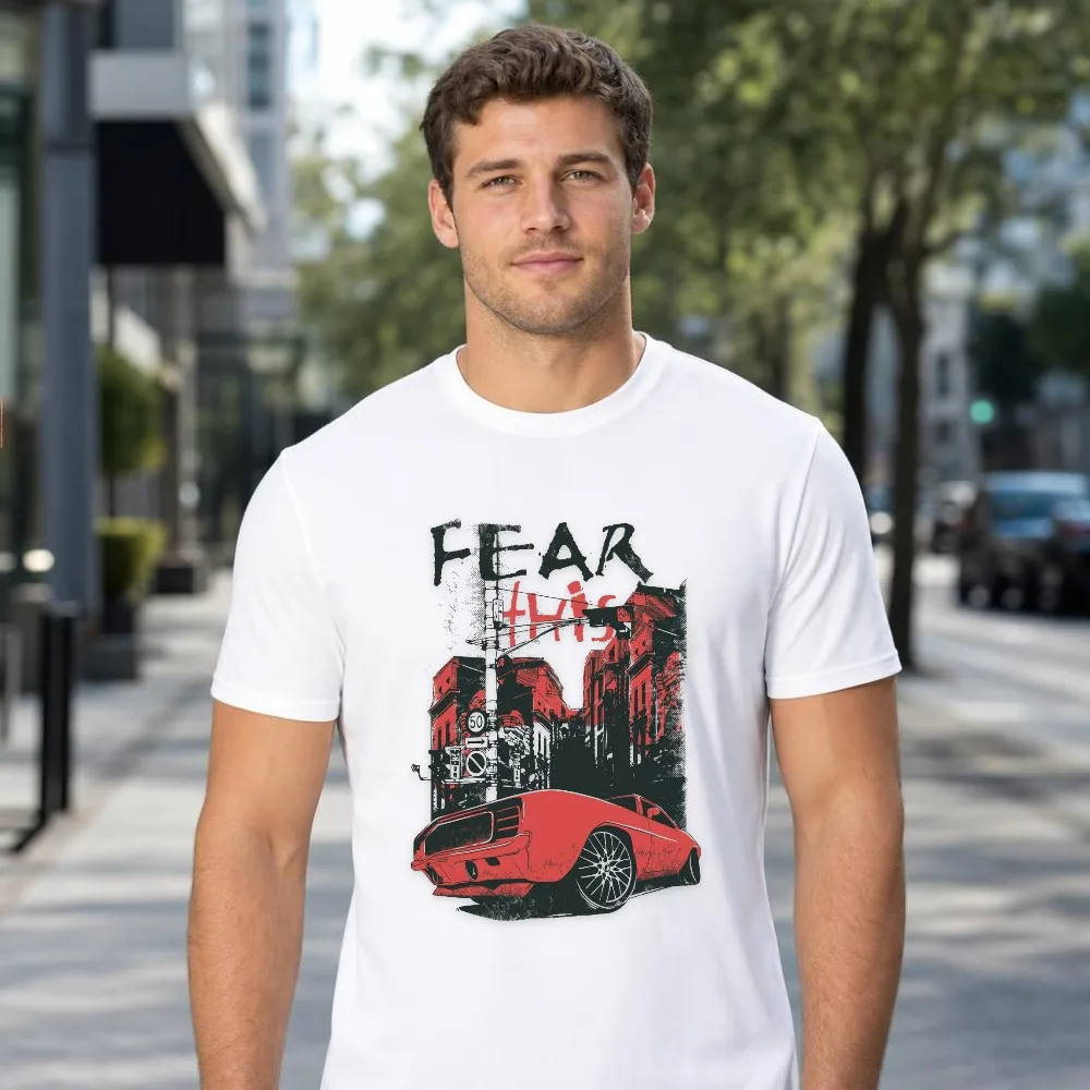 Graphic Tee Men Red Vintage Racing Car Urban Fear Letter Art Short Sleeve Breathable Casual Streetwear Tops