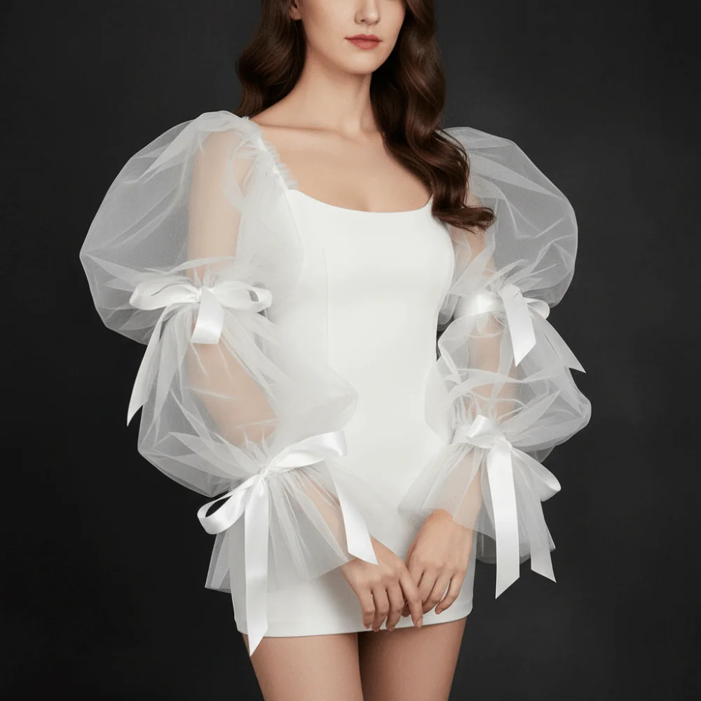 

Gauze Ruffled White Arm Sleeves Fairy Sleeves Detachable Bubble Sleeves Bowknot Puffy Party Sleeves Banquet
