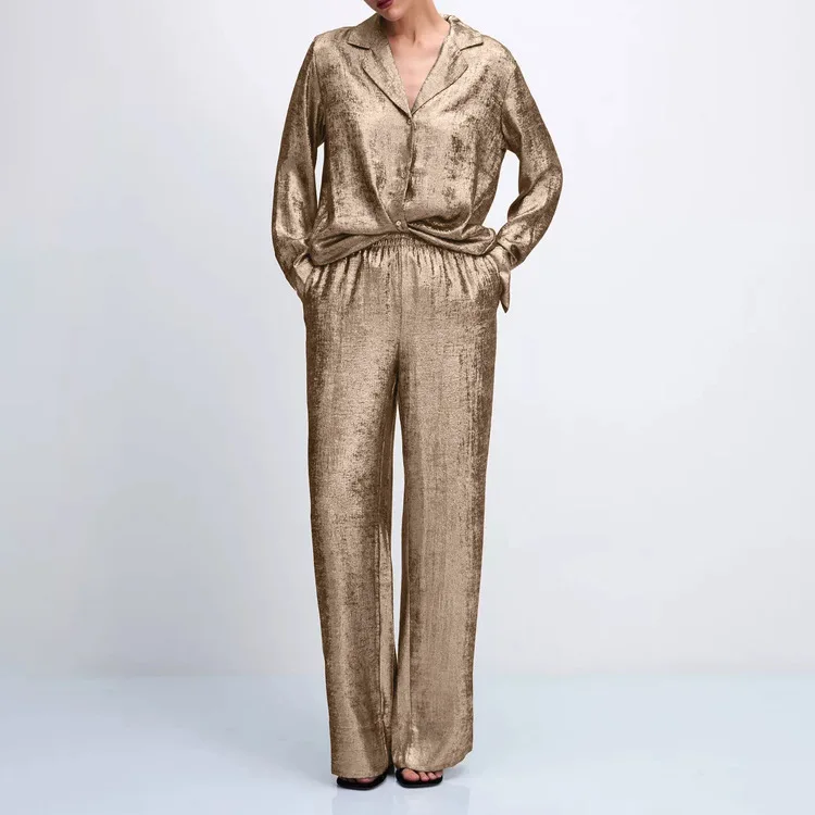 

2026 Elegant Gold Woman 2 Piece Outfit Set Fashion Lapel Long Sleeve Single Breasted Blouses And Straight Pockets Trousers Set