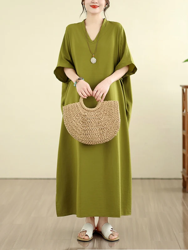 

New Cotton Linen Knee-Length V-Neck Dress Simple Casual Summer Wrap Dresses Women's Straight Tube Skirt H-Shape Summer Dress