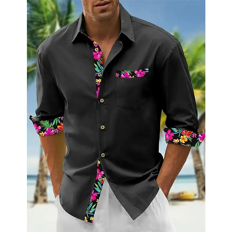 

2024 New Men's Shirt Long Sleeve Floral Lapel Spring and Autumn Casual Daily Clothing Spliced Long Sleeve Top Button Design2024